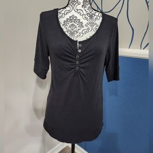 NY&C Black/Dark Gray 3/4 Sleeve Scoop Neck Top with Buttons